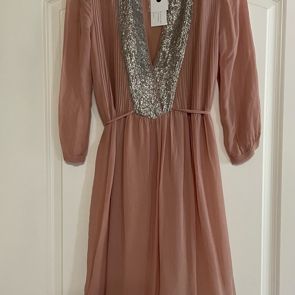 French Connection STUNNING Pink Dress w/ Deep Silver Sequined deep V neck, SZ 6 - Picture 3 of 16